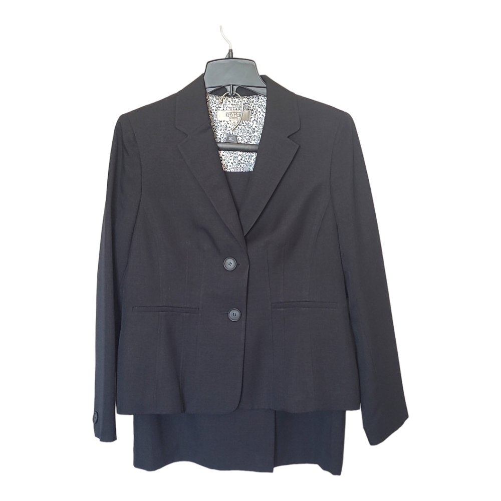 Kasper Skirt Suit Size 14 Women's Black 2 Piece Blazer and Midi Skirt 2 Button